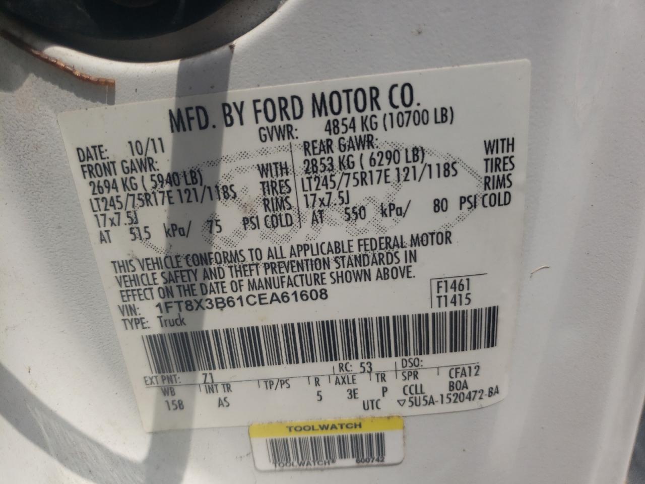 Photo 10 from auction – 2012 FORD F350 SUPER with VIN 1FT8X3B61CEA61608