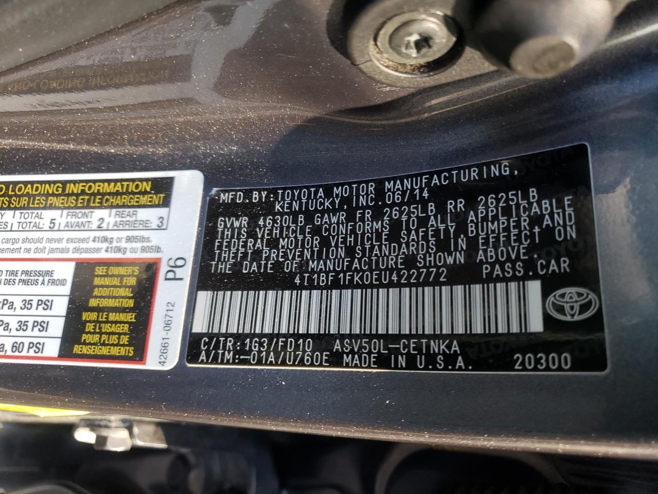Photo 10 from auction – 2014 TOYOTA CAMRY L with VIN 4T1BF1FK0EU422772