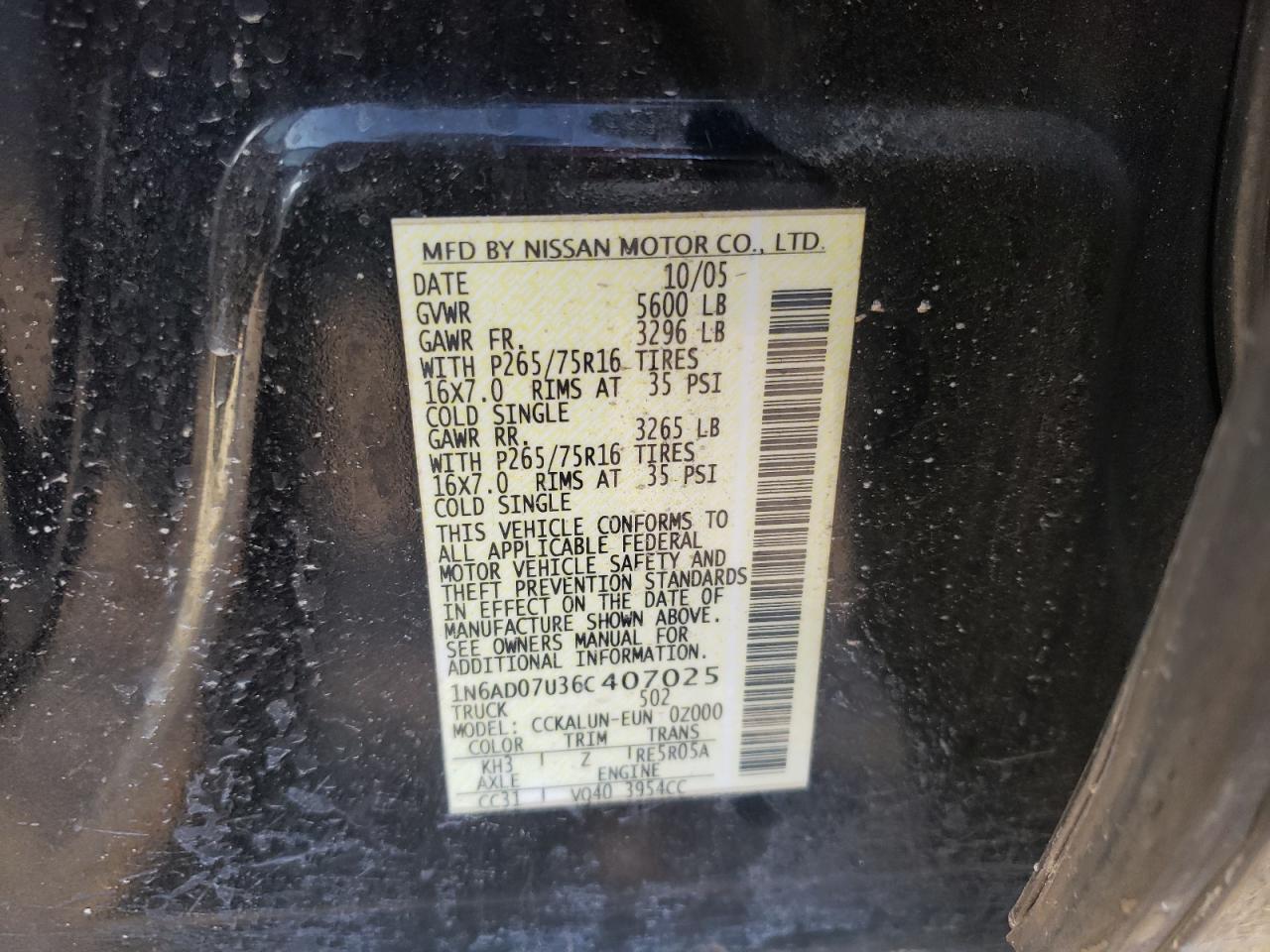 Photo 10 from auction – 2006 NISSAN FRONTIER C with VIN 1N6AD07U36C407025