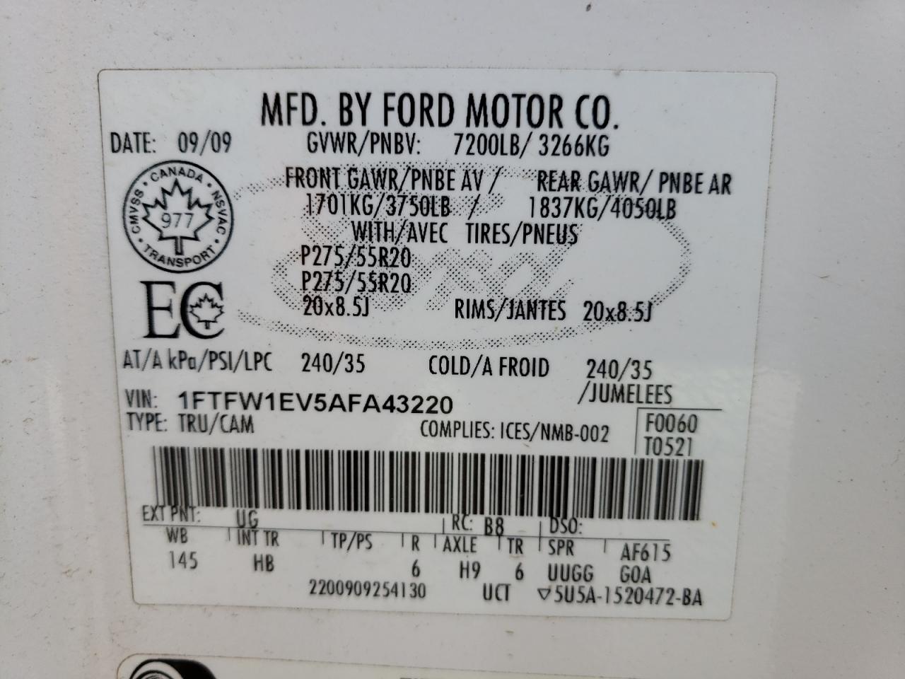 Photo 10 from auction – 2010 FORD F150 SUPER with VIN 1FTFW1EV5AFA43220