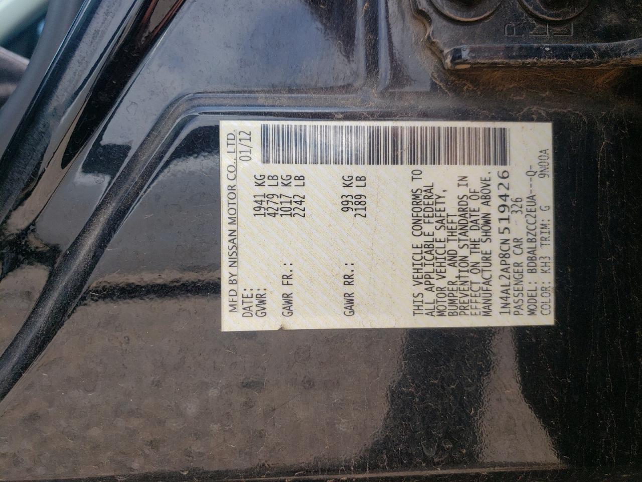 Photo 10 from auction – 2012 NISSAN ALTIMA BAS with VIN 1N4AL2AP8CN519426