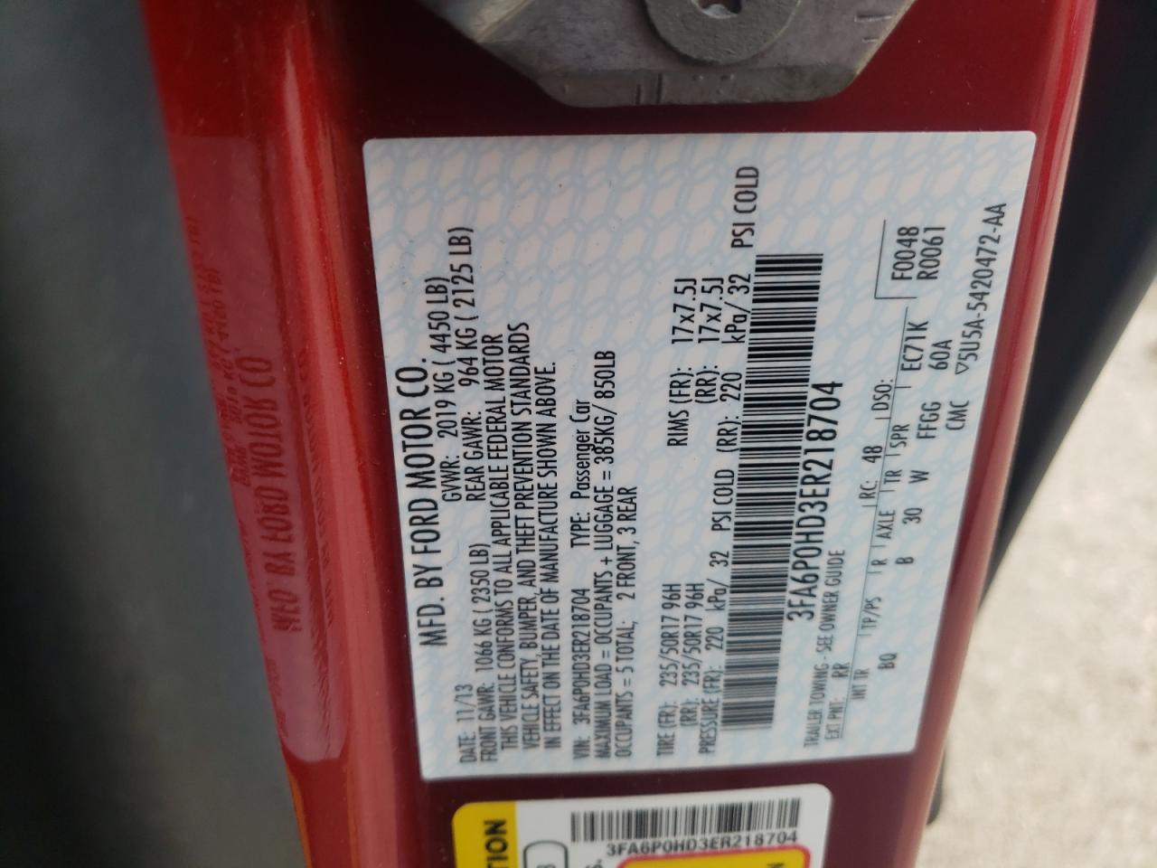 Photo 10 from auction – 2014 FORD FUSION SE with VIN 3FA6P0HD3ER218704