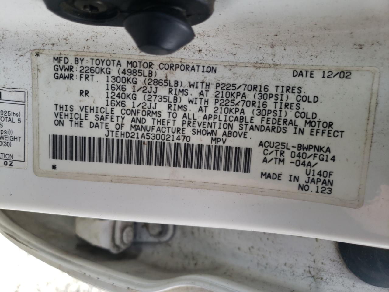 Photo 10 from auction – 2003 TOYOTA HIGHLANDER with VIN JTEHD21A530021470