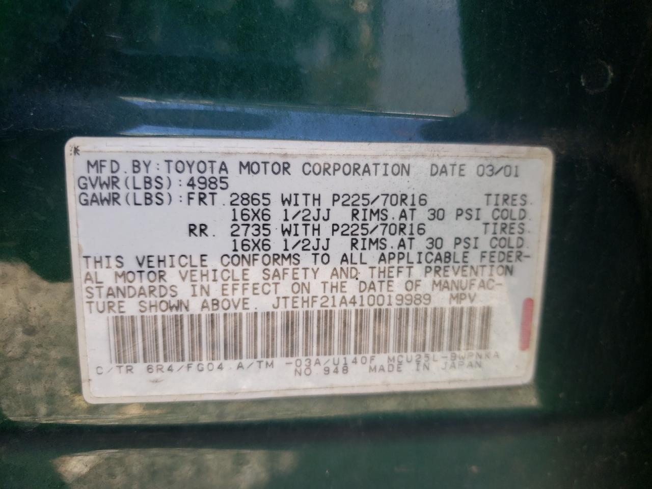 Photo 10 from auction – 2001 TOYOTA HIGHLANDER with VIN JTEHF21A410019989