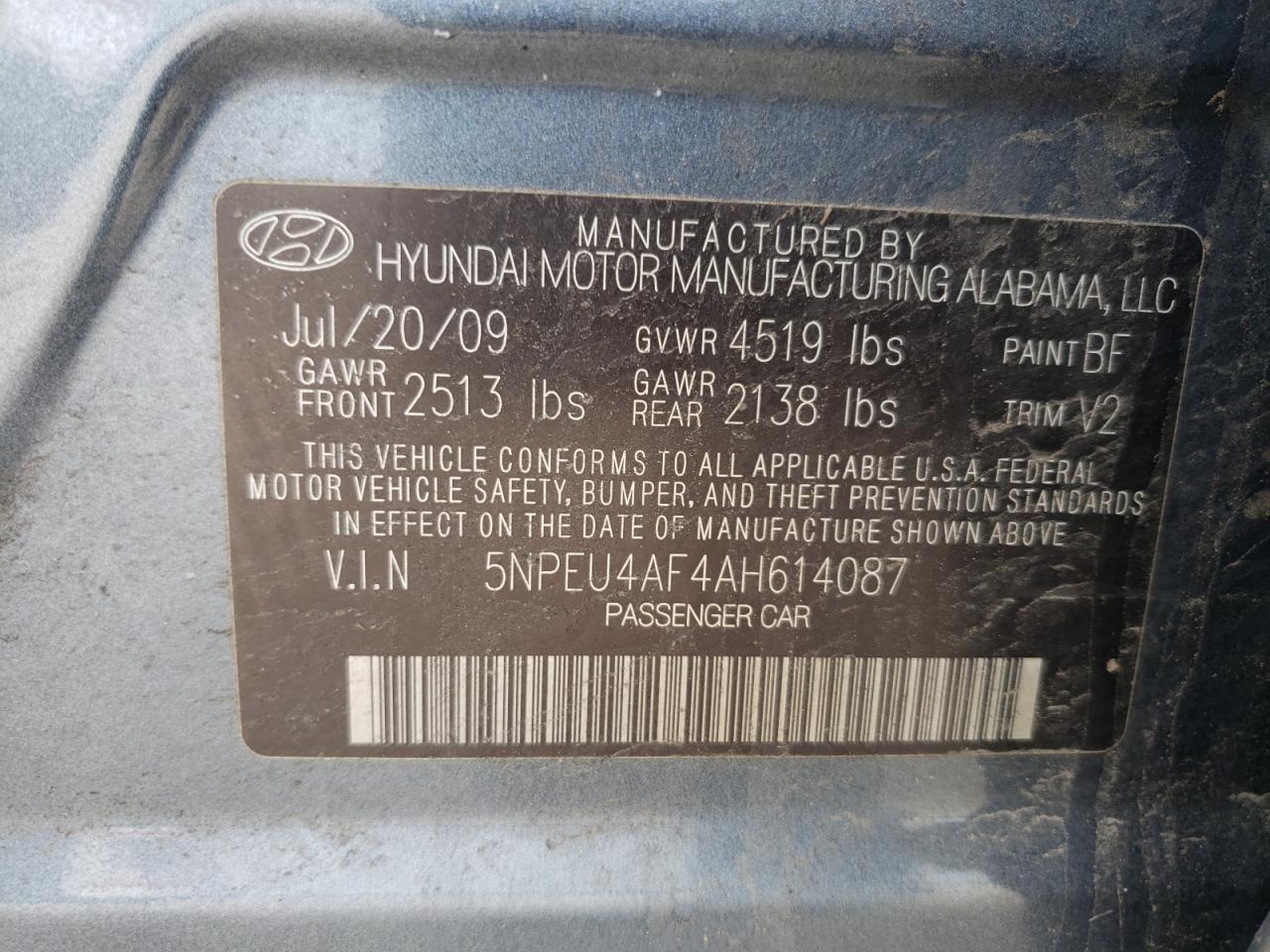 Photo 10 from auction – 2010 HYUNDAI SONATA SE with VIN 5NPEU4AF4AH614087