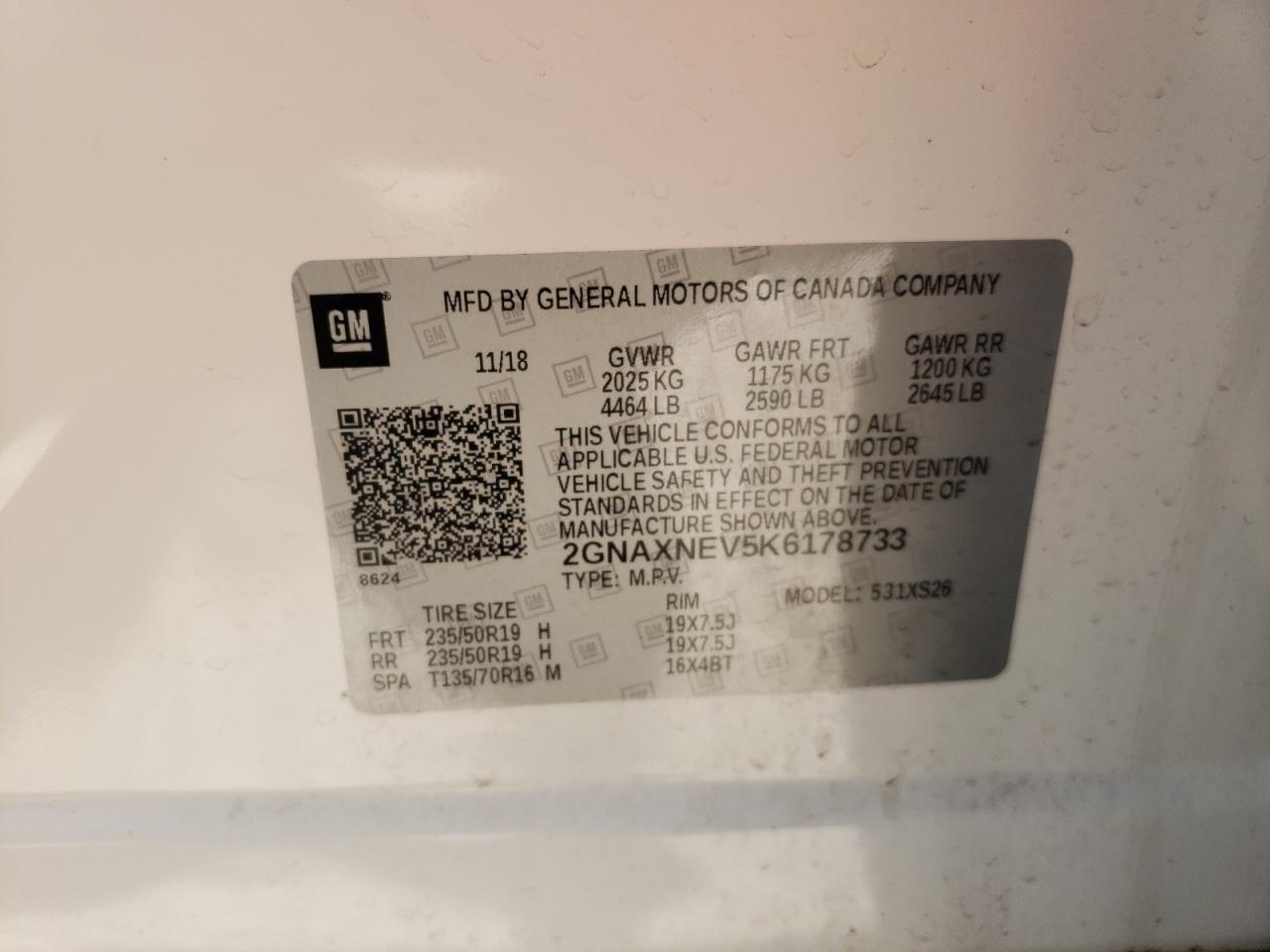 Photo 10 from auction – 2019 CHEVROLET EQUINOX PR with VIN 2GNAXNEV5K6178733
