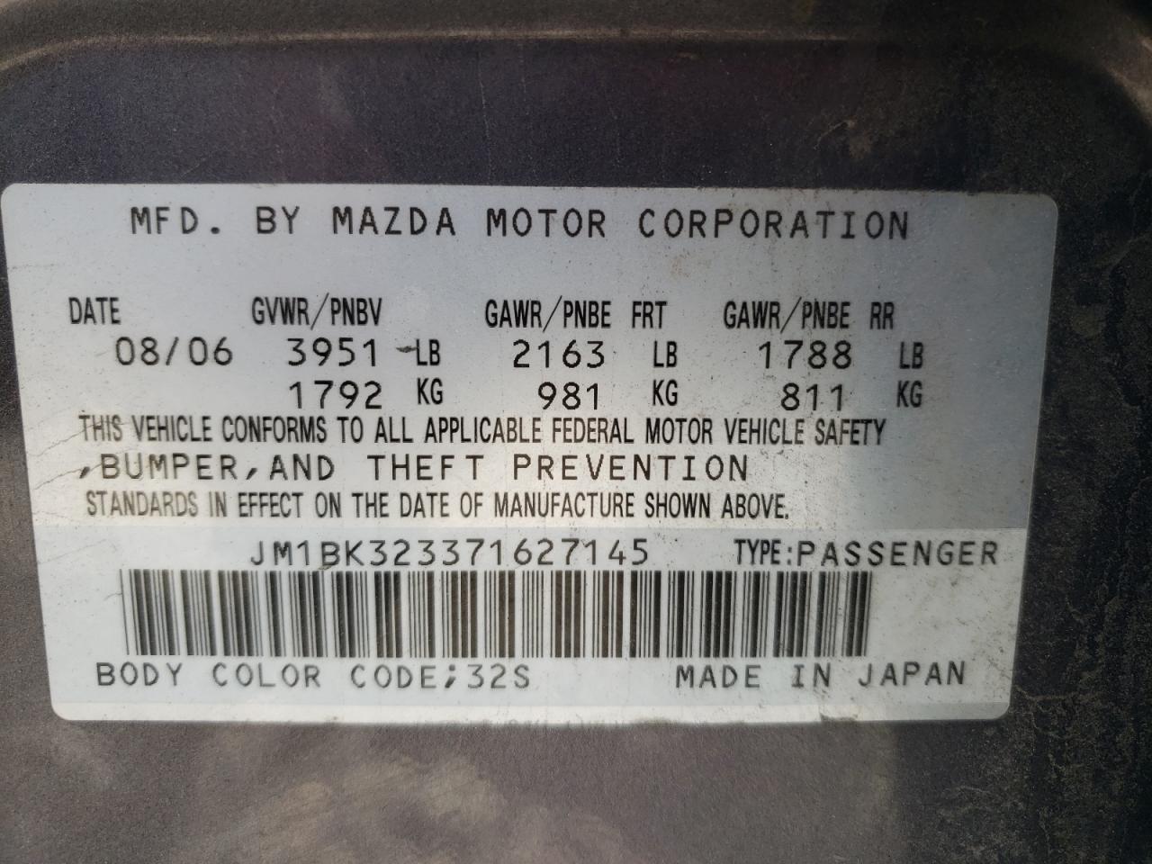 Photo 10 from auction – 2007 MAZDA 3 S with VIN JM1BK323371627145