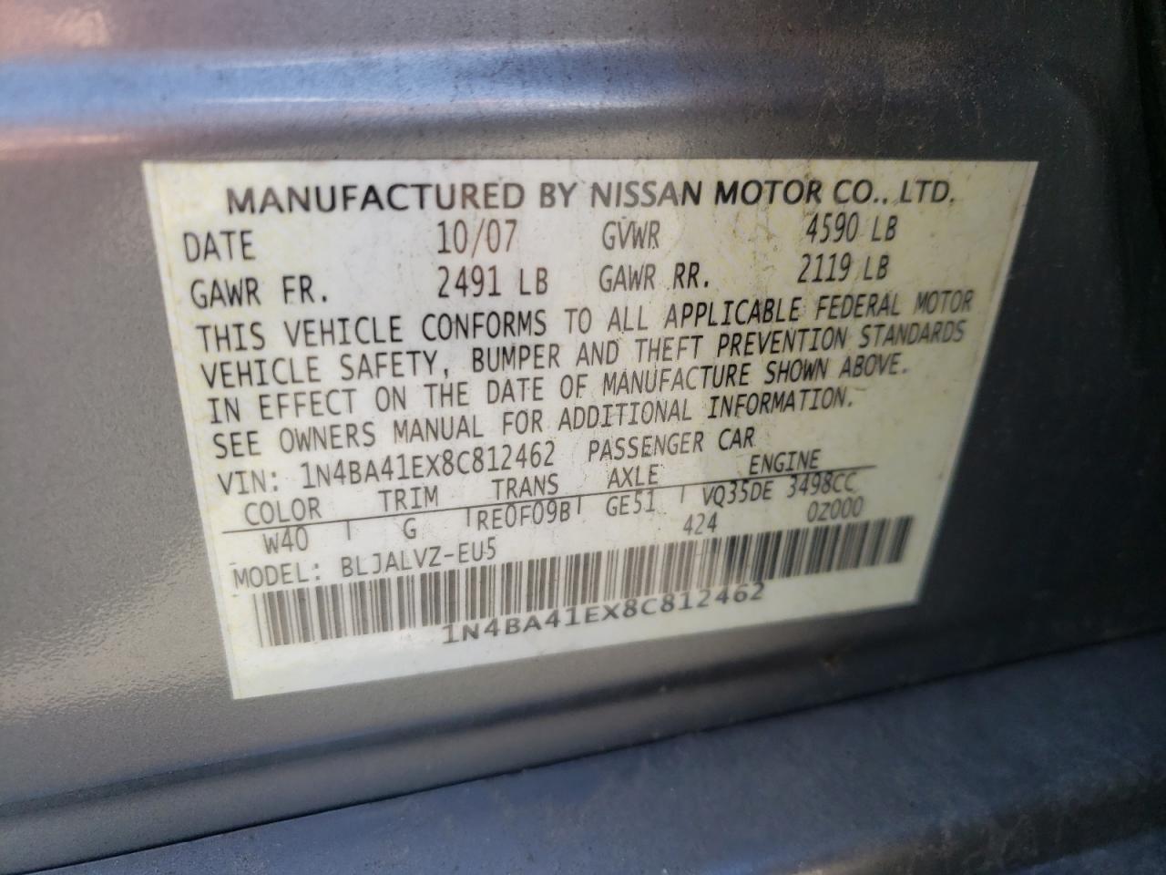Photo 11 from auction – 2008 NISSAN MAXIMA SE with VIN 1N4BA41EX8C812462