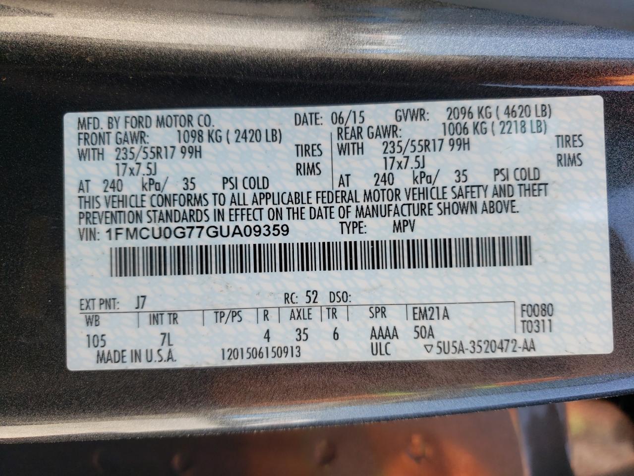 Photo 10 from auction – 2016 FORD ESCAPE SE with VIN 1FMCU0G77GUA09359