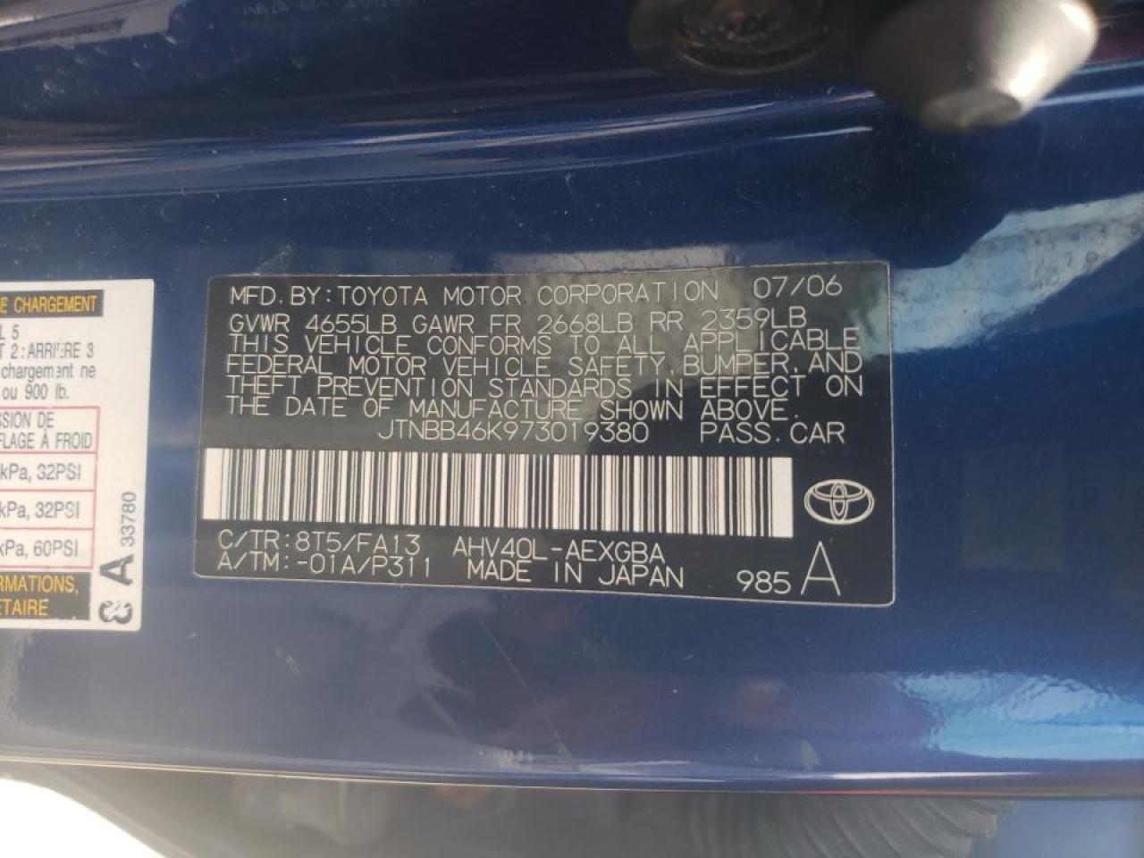 Photo 10 from auction – 2007 TOYOTA CAMRY HYBR with VIN JTNBB46K973019380