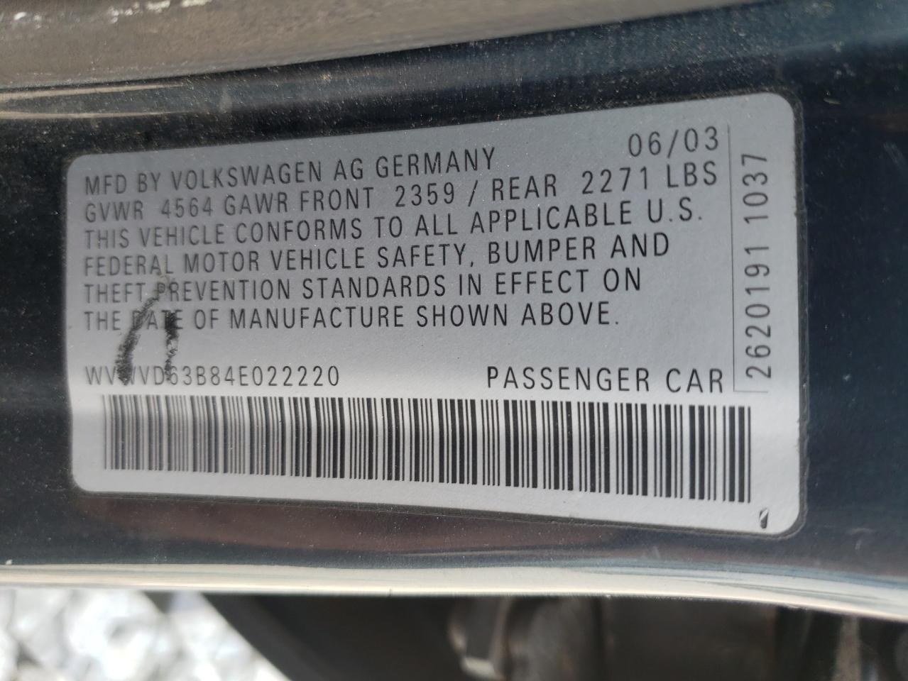 Photo 10 from auction – 2004 VOLKSWAGEN PASSAT GLS with VIN WVWVD63B84E022220