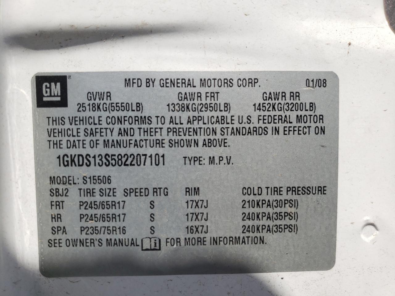 Photo 10 from auction – 2008 GMC ENVOY with VIN 1GKDS13S582207101