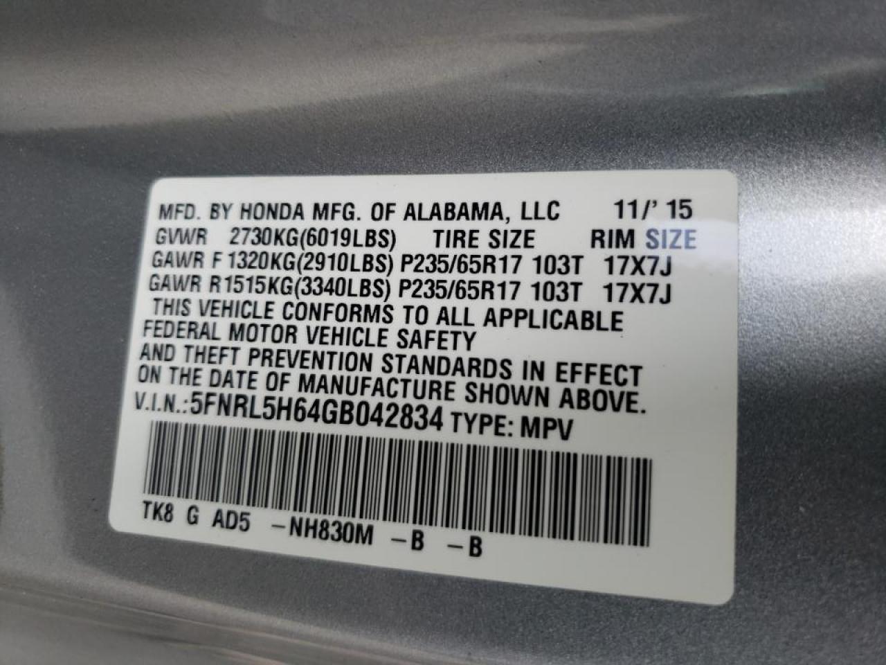 Photo 10 from auction – 2016 HONDA ODYSSEY EX with VIN 5FNRL5H64GB042834