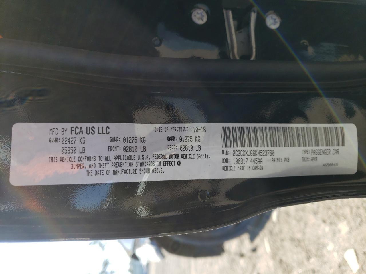 Photo 10 from auction – 2019 DODGE CHARGER SX with VIN 2C3CDXJG6KH523760