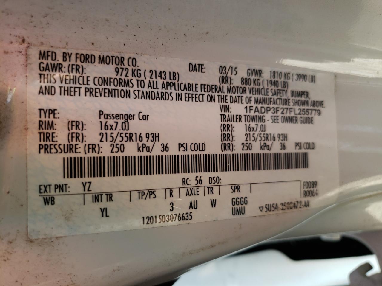Photo 10 from auction – 2015 FORD FOCUS SE with VIN 1FADP3F27FL255779