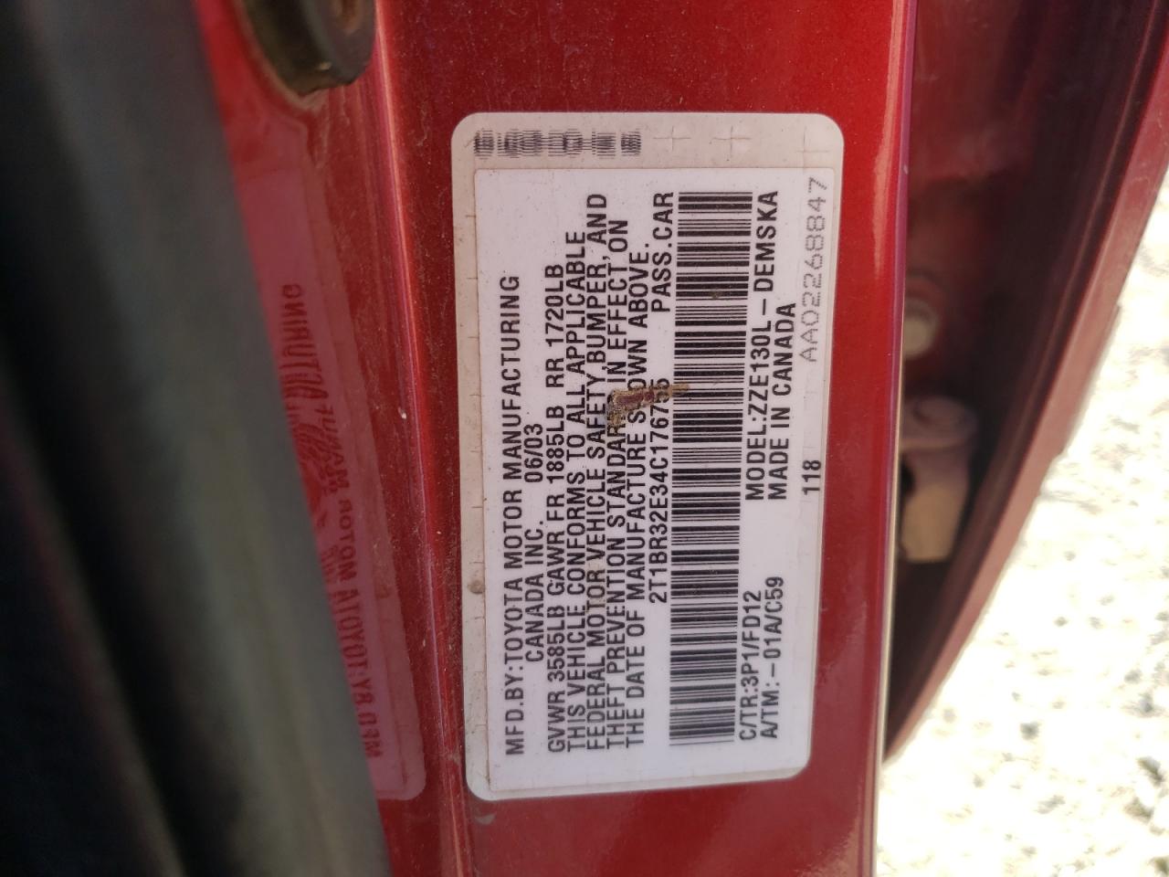 Photo 10 from auction – 2004 TOYOTA COROLLA CE with VIN 2T1BR32E34C176755