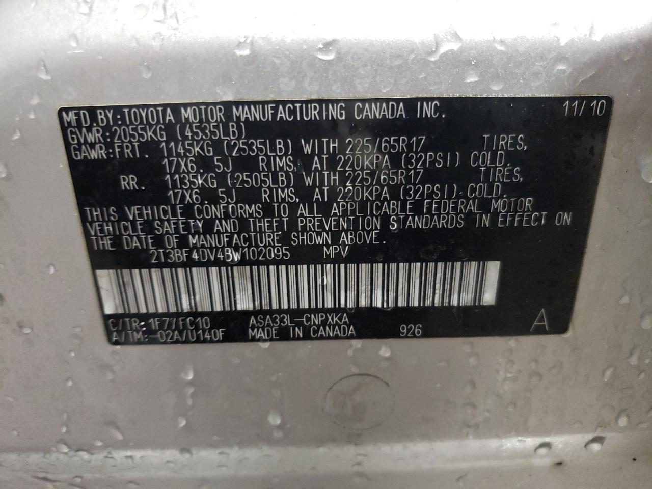 Photo 10 from auction – 2011 TOYOTA RAV4 with VIN 2T3BF4DV4BW102095