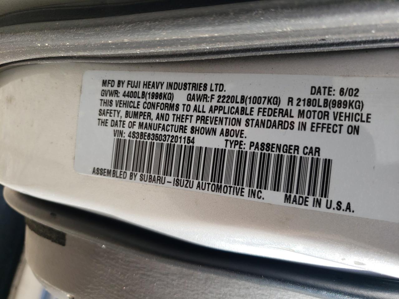 Photo 10 from auction – 2003 SUBARU LEGACY L with VIN 4S3BE635037201154