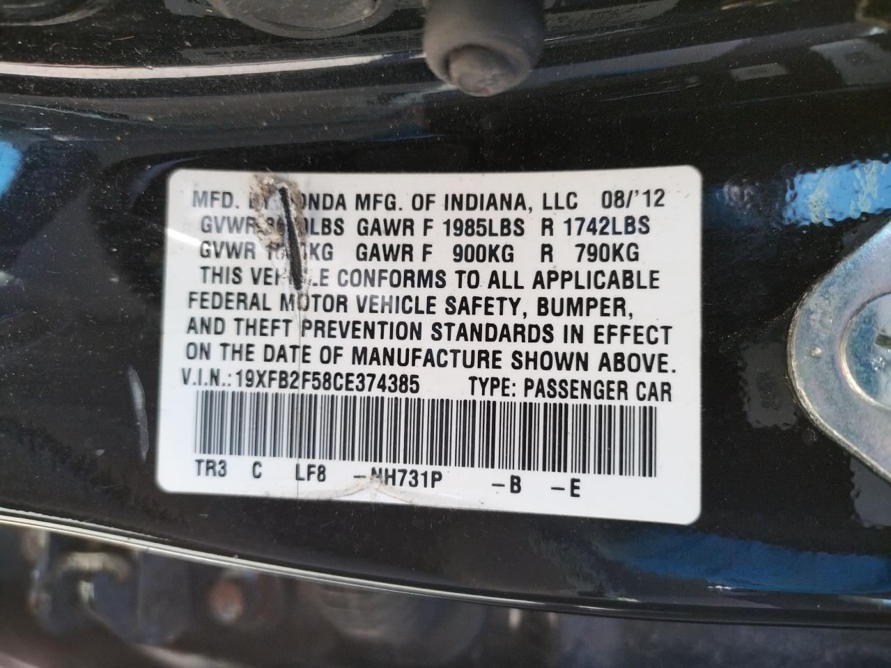 Photo 10 from auction – 2012 HONDA CIVIC LX with VIN 19XFB2F58CE374385
