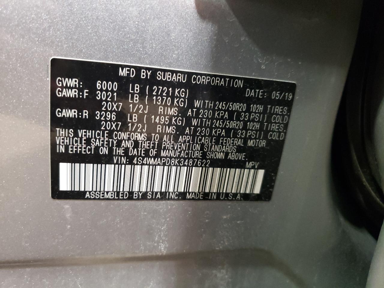 Photo 10 from auction – 2019 SUBARU ASCENT LIM with VIN 4S4WMAPD8K3487622