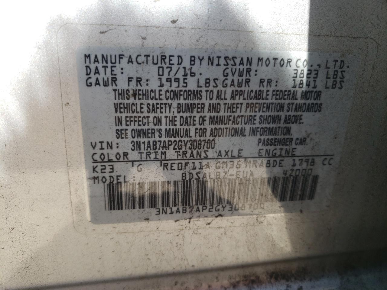 Photo 10 from auction – 2016 NISSAN SENTRA S with VIN 3N1AB7AP2GY308700