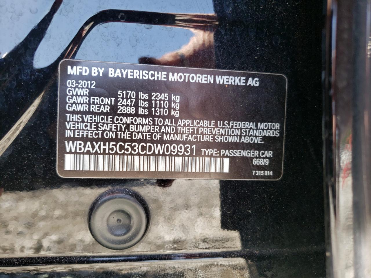 Photo 10 from auction – 2012 BMW 528 XI with VIN WBAXH5C53CDW09931