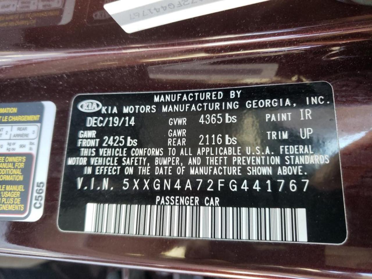 Photo 10 from auction – 2015 KIA OPTIMA EX with VIN 5XXGN4A72FG441767