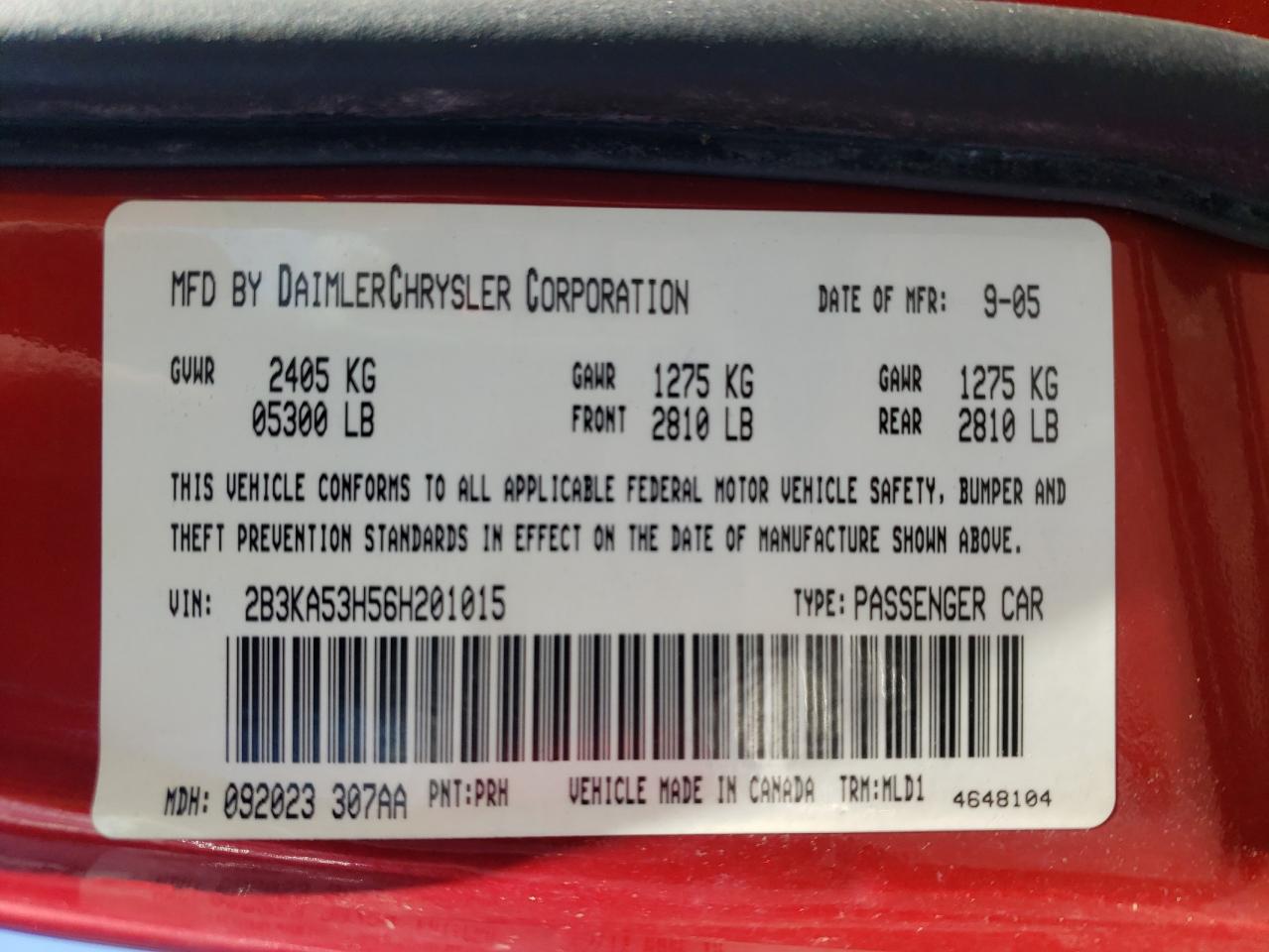 Photo 10 from auction – 2006 DODGE CHARGER R/ with VIN 2B3KA53H56H201015