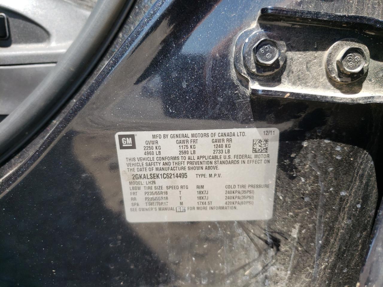 Photo 10 from auction – 2012 GMC TERRAIN SL with VIN 2GKALSEK1C6214495