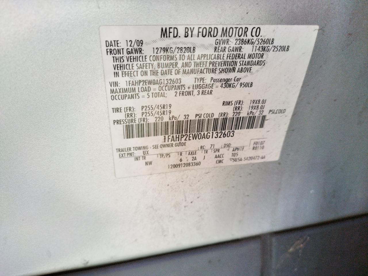 Photo 10 from auction – 2010 FORD TAURUS SEL with VIN 1FAHP2EW0AG132603