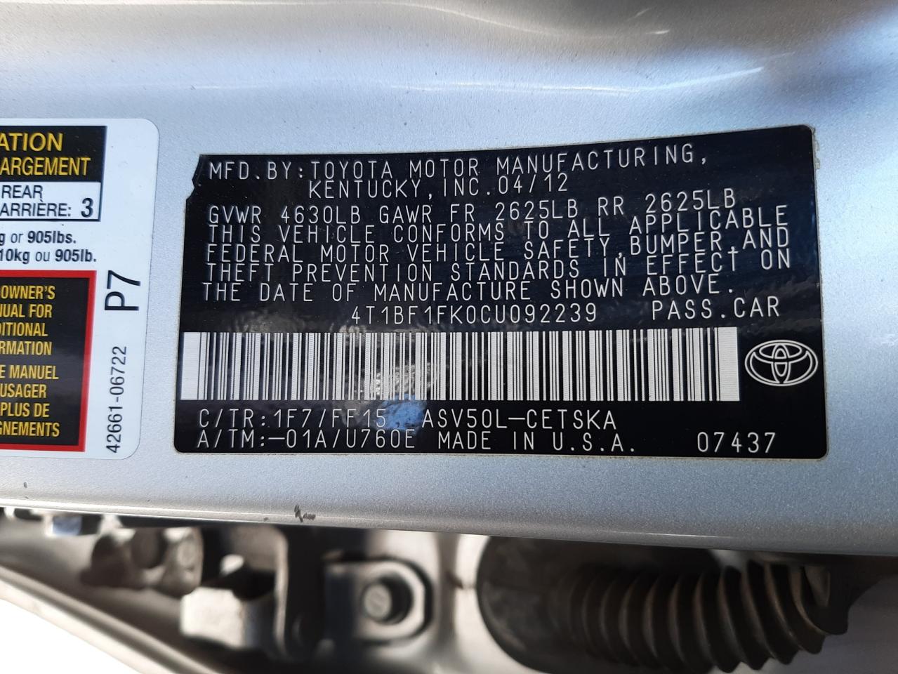 Photo 10 from auction – 2012 TOYOTA CAMRY BASE with VIN 4T1BF1FK0CU092239