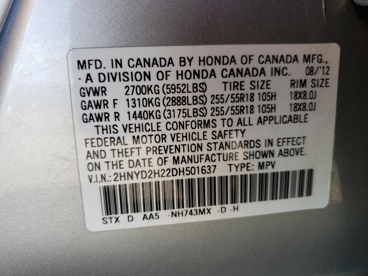 Photo 10 from auction – 2013 ACURA MDX with VIN 2HNYD2H22DH501637