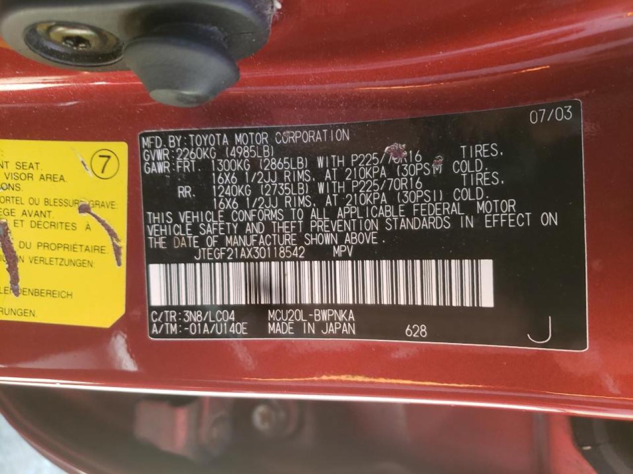 Foto 10 de la subasta – 2003 TOYOTA HIGHLANDER con VIN JTEGF21AX30118542