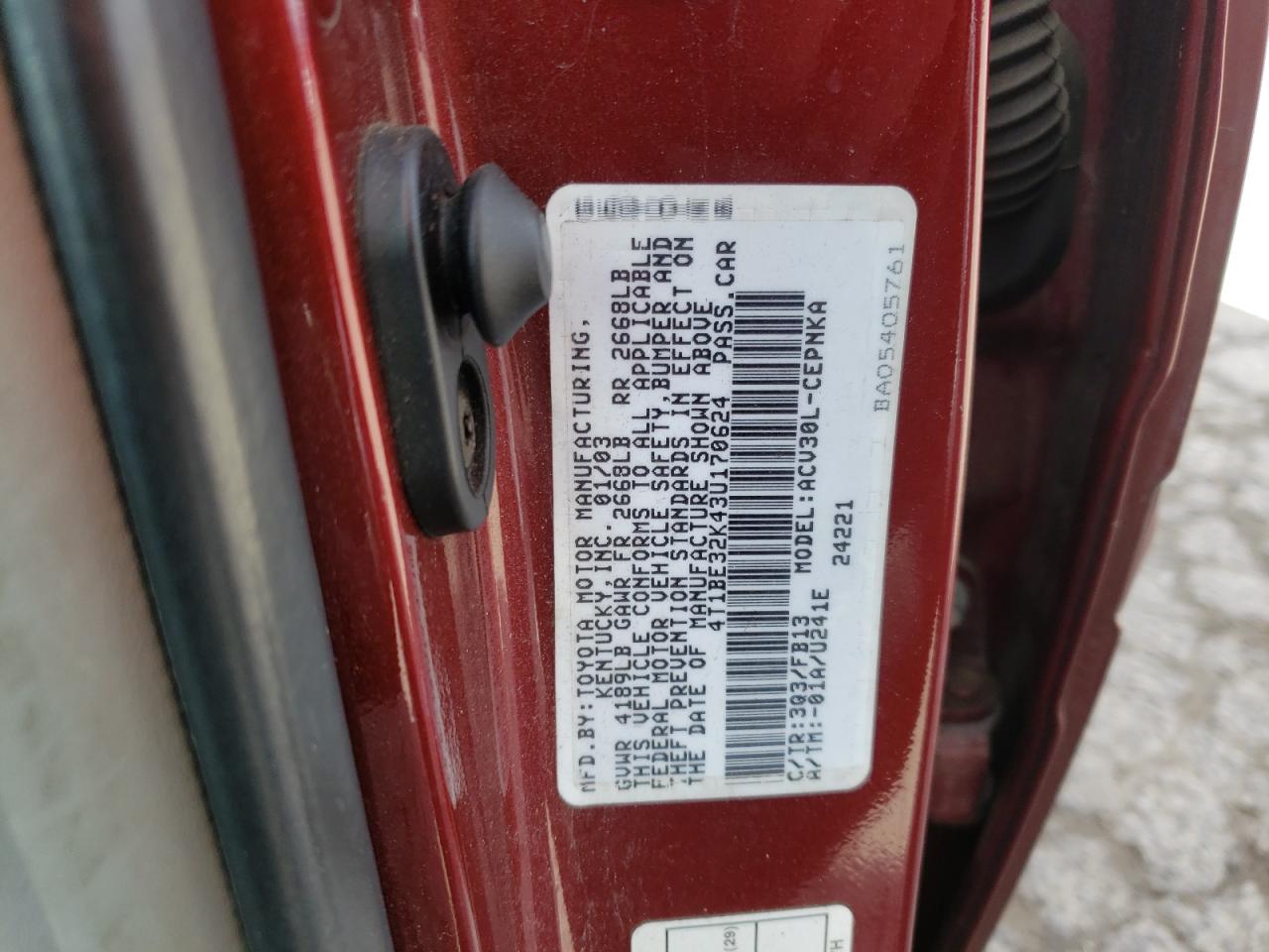 Photo 10 from auction – 2003 TOYOTA CAMRY LE with VIN 4T1BE32K43U170624
