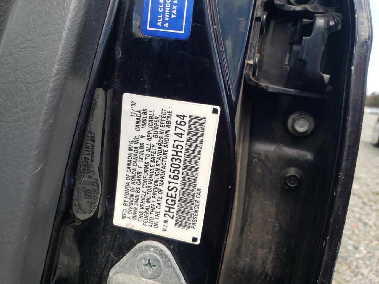 Photo 10 from auction – 2003 HONDA CIVIC LX with VIN 2HGES16503H514764