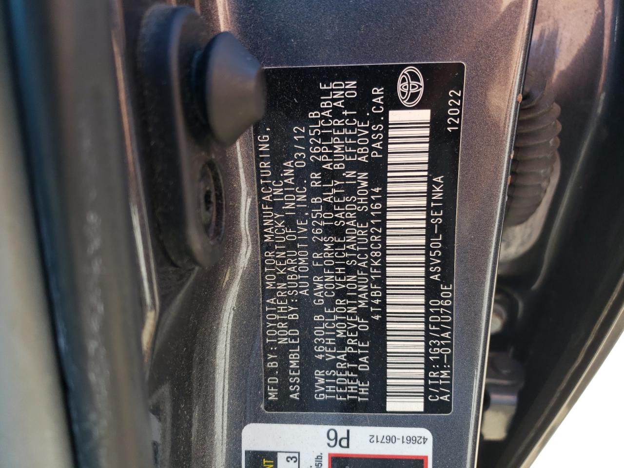 Photo 10 from auction – 2012 TOYOTA CAMRY BASE with VIN 4T4BF1FK8CR211614