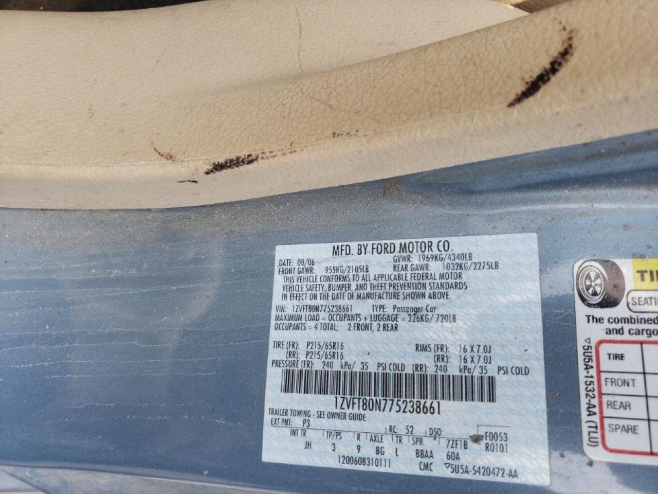 Photo 10 from auction – 2007 FORD MUSTANG with VIN 1ZVFT80N775238661