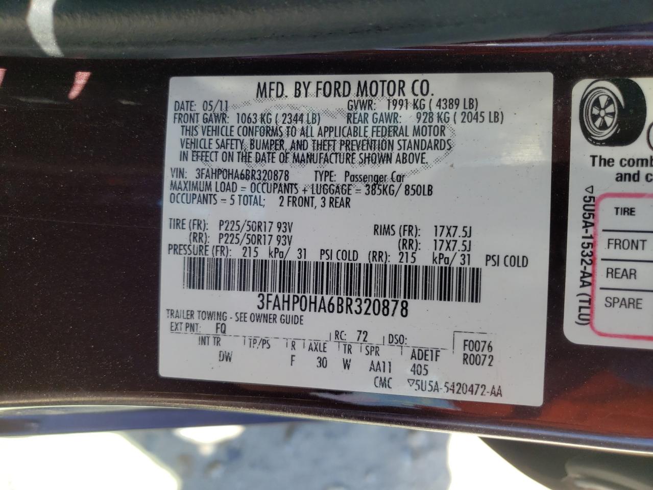 Photo 10 from auction – 2011 FORD FUSION SE with VIN 3FAHP0HA6BR320878