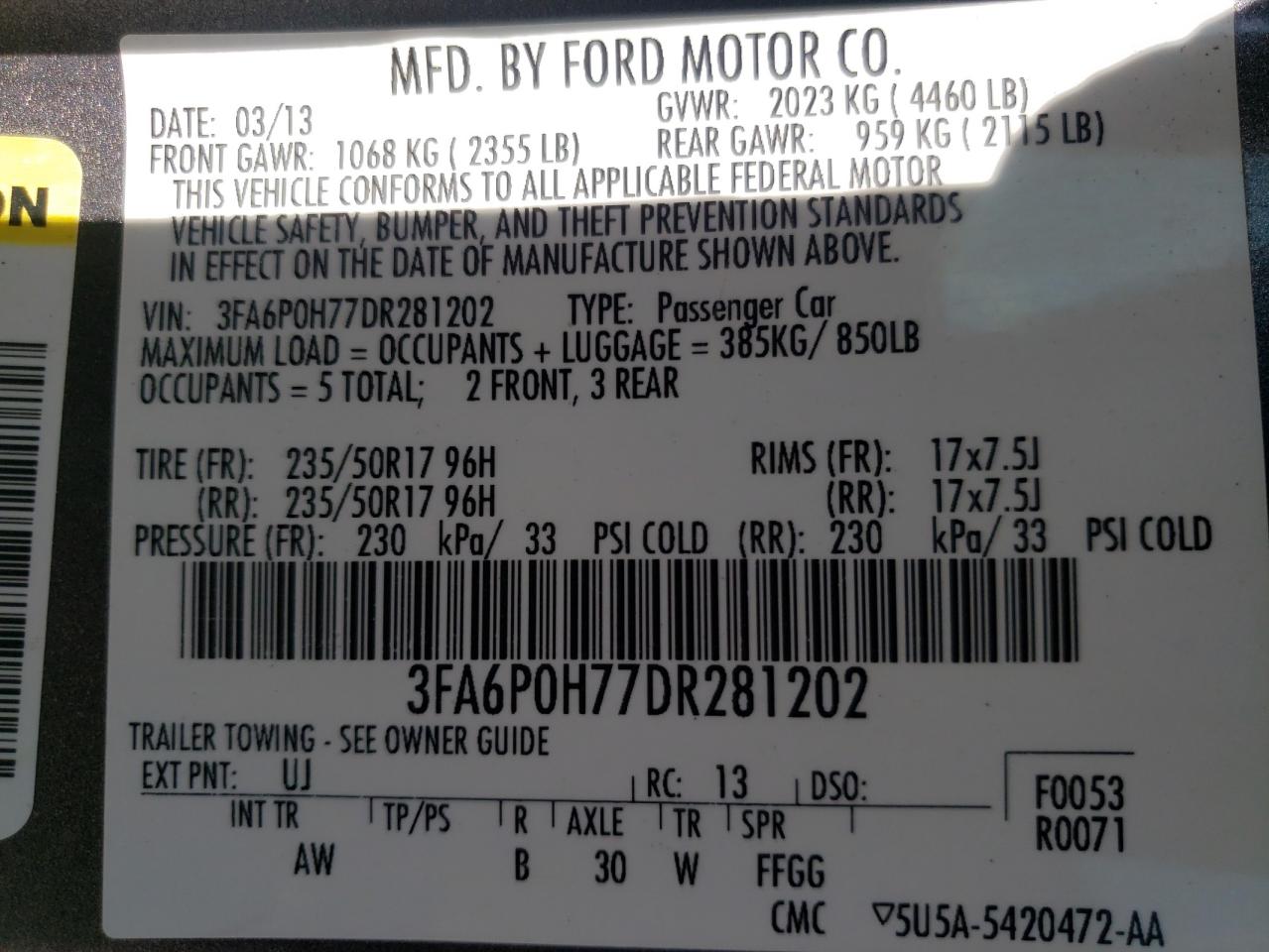 Photo 10 from auction – 2013 FORD FUSION SE with VIN 3FA6P0H77DR281202