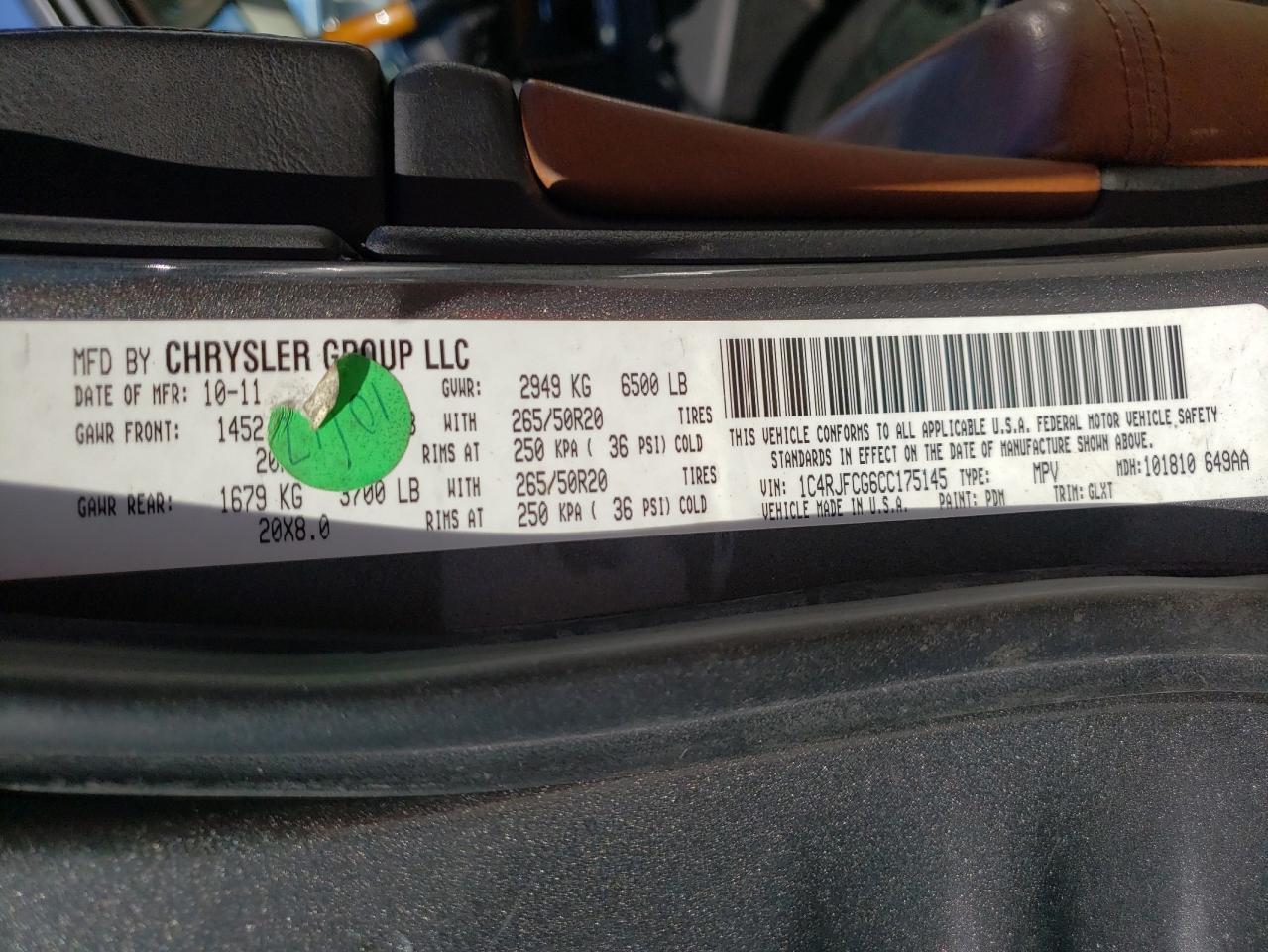 Photo 10 from auction – 2012 JEEP GRAND CHER with VIN 1C4RJFCG6CC175145