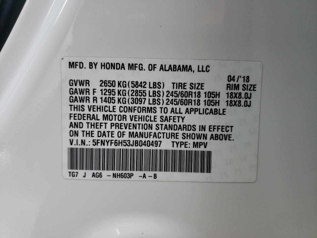 Photo 10 from auction – 2018 HONDA PILOT EXL with VIN 5FNYF6H53JB040497