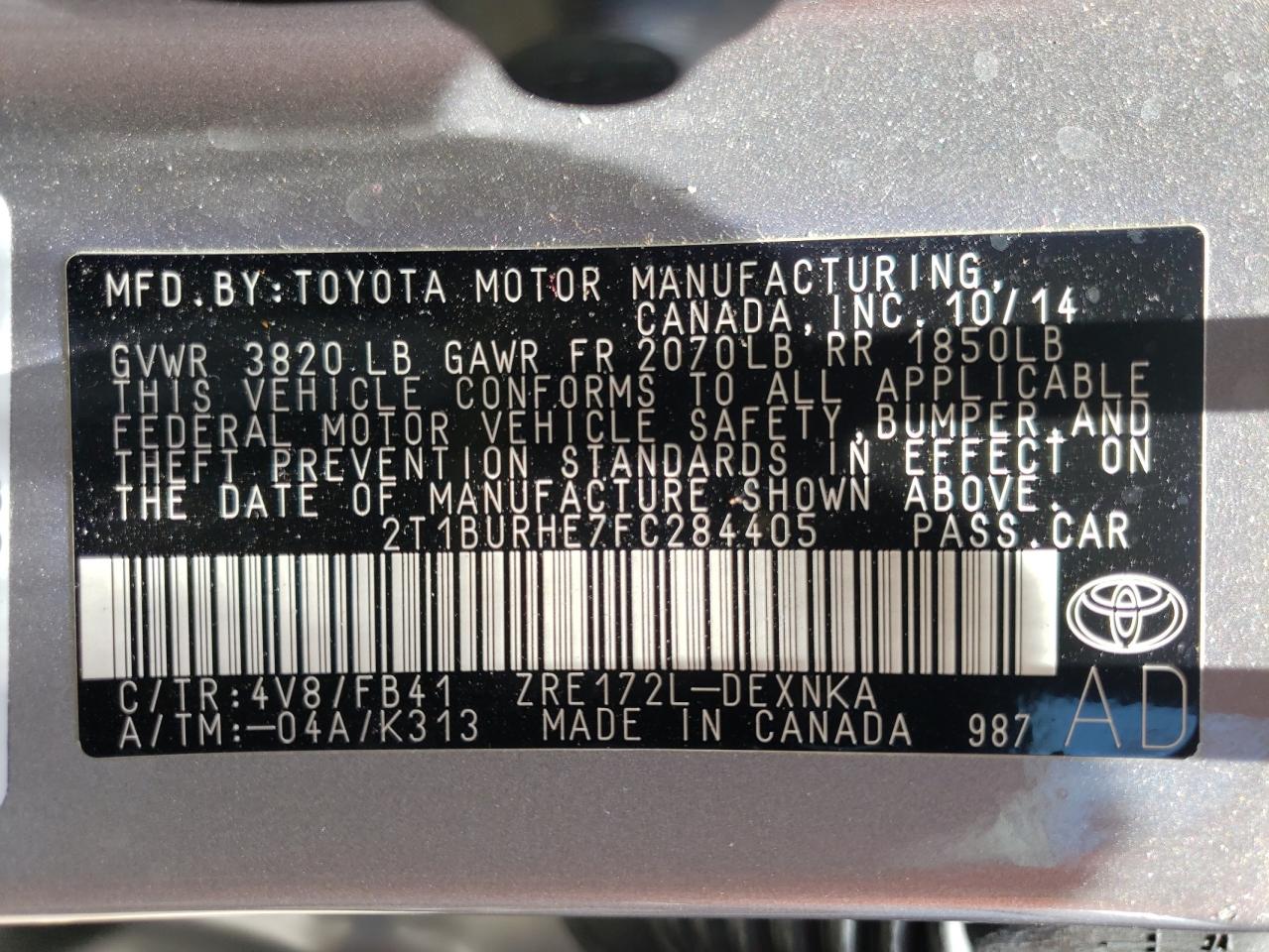 Photo 10 from auction – 2015 TOYOTA COROLLA L with VIN 2T1BURHE7FC284405