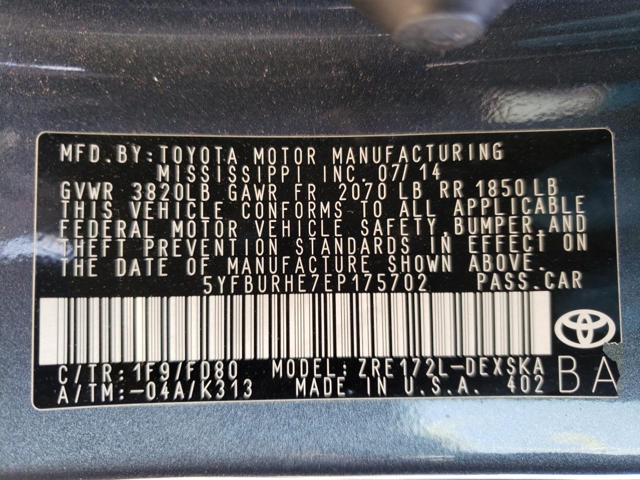 Photo 10 from auction – 2014 TOYOTA COROLLA L with VIN 5YFBURHE7EP175702