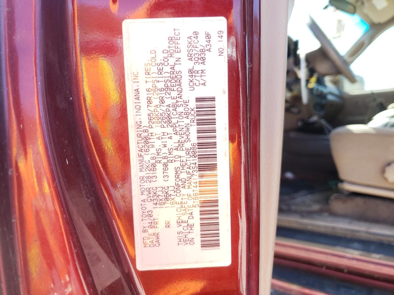 Photo 10 from auction – 2003 TOYOTA TUNDRA ACC with VIN 5TBBT44173S410086