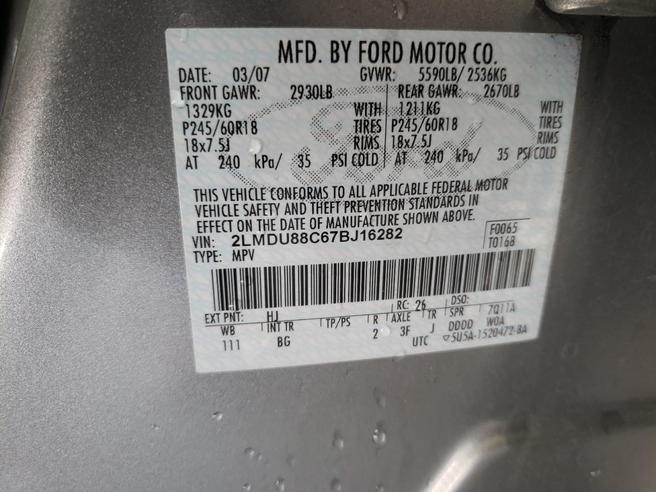 Photo 11 from auction – 2007 LINCOLN MKX with VIN 2LMDU88C67BJ16282