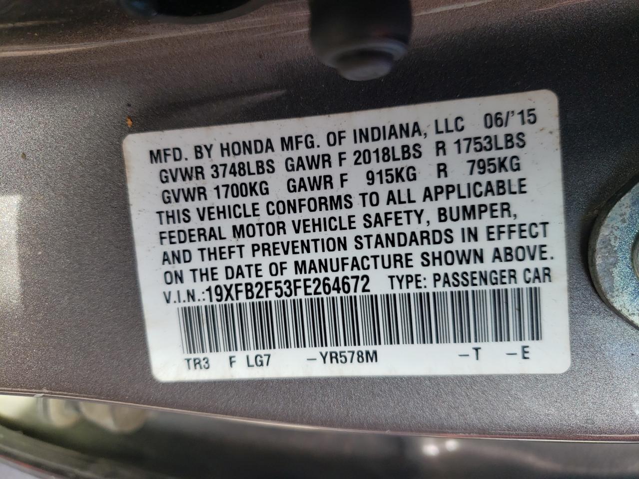Photo 10 from auction – 2015 HONDA CIVIC LX with VIN 19XFB2F53FE264672