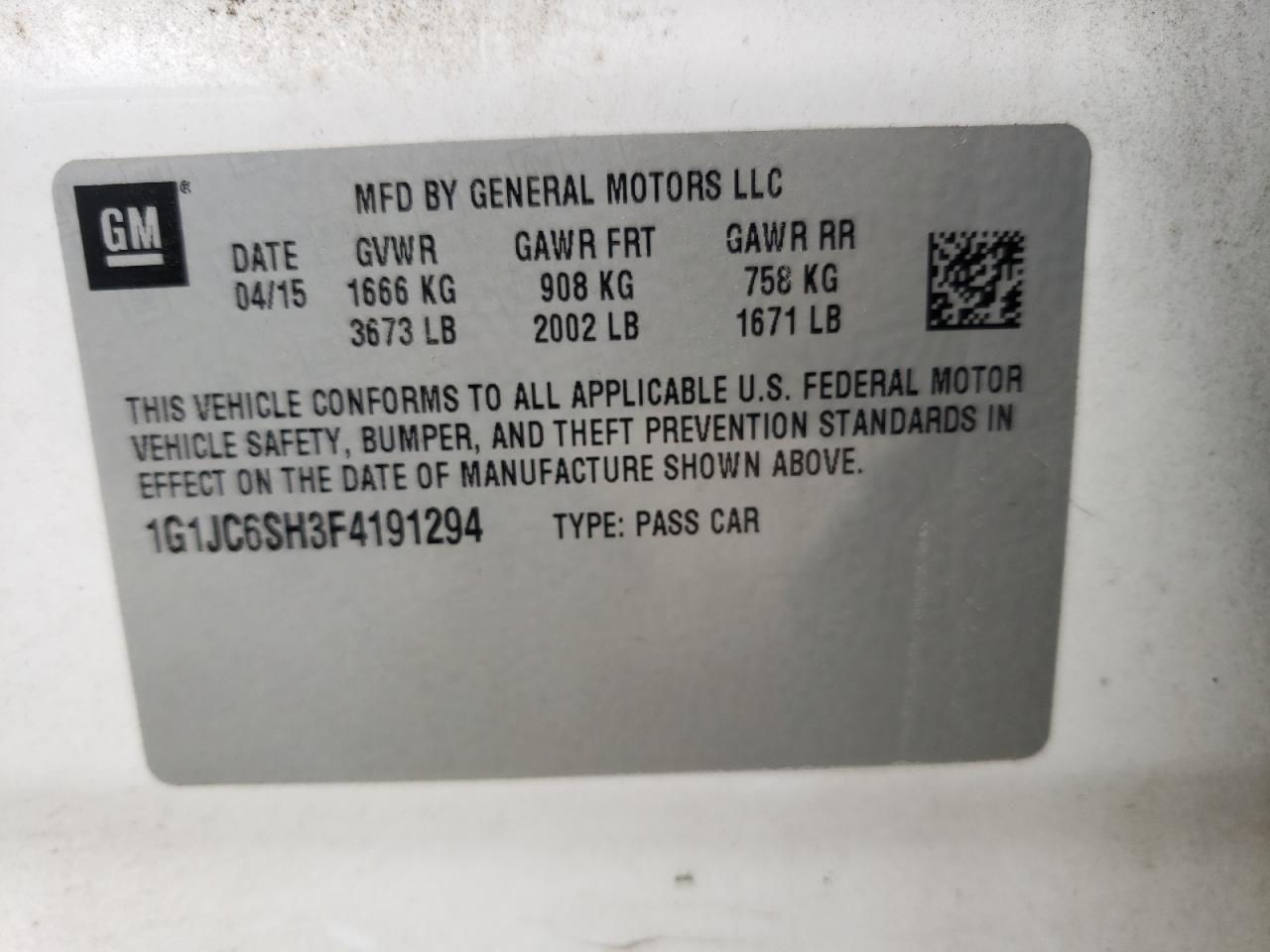 Photo 10 from auction – 2015 CHEVROLET SONIC LT with VIN 1G1JC6SH3F4191294