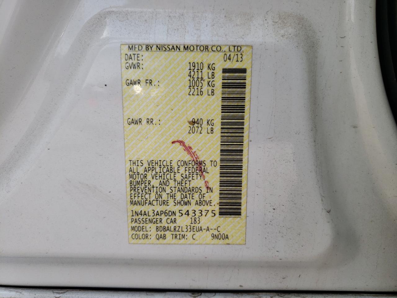 Photo 10 from auction – 2013 NISSAN ALTIMA 2.5 with VIN 1N4AL3AP6DN543375
