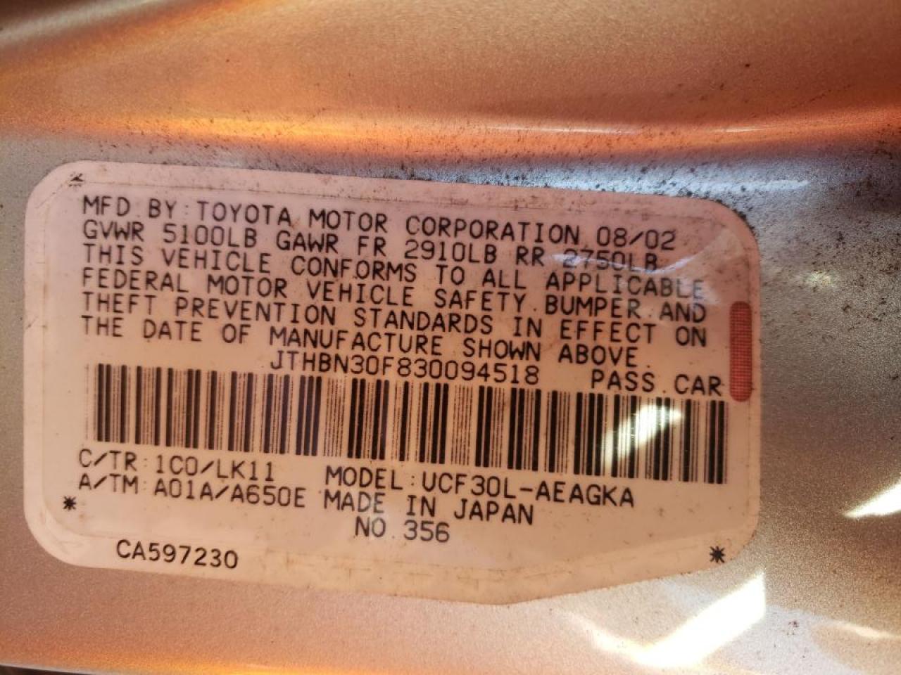 Photo 10 from auction – 2003 LEXUS LS 430 with VIN JTHBN30F830094518