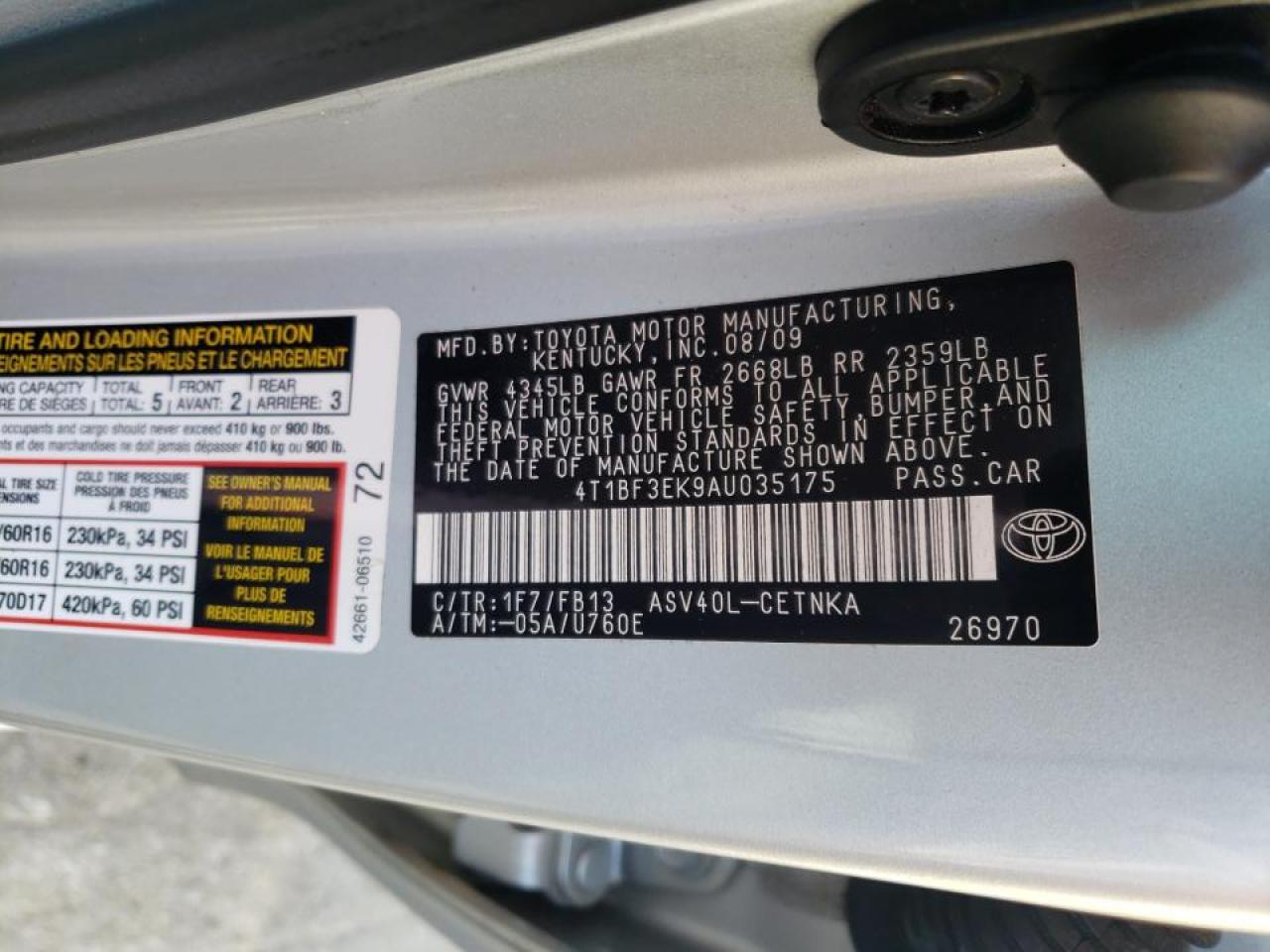 Photo 10 from auction – 2010 TOYOTA CAMRY BASE with VIN 4T1BF3EK9AU035175